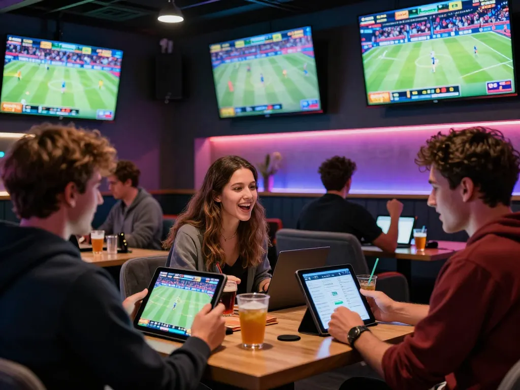 Participants actively placing bets in a vibrant sports betting lounge while engaging with S666 gaming stats and game footage.