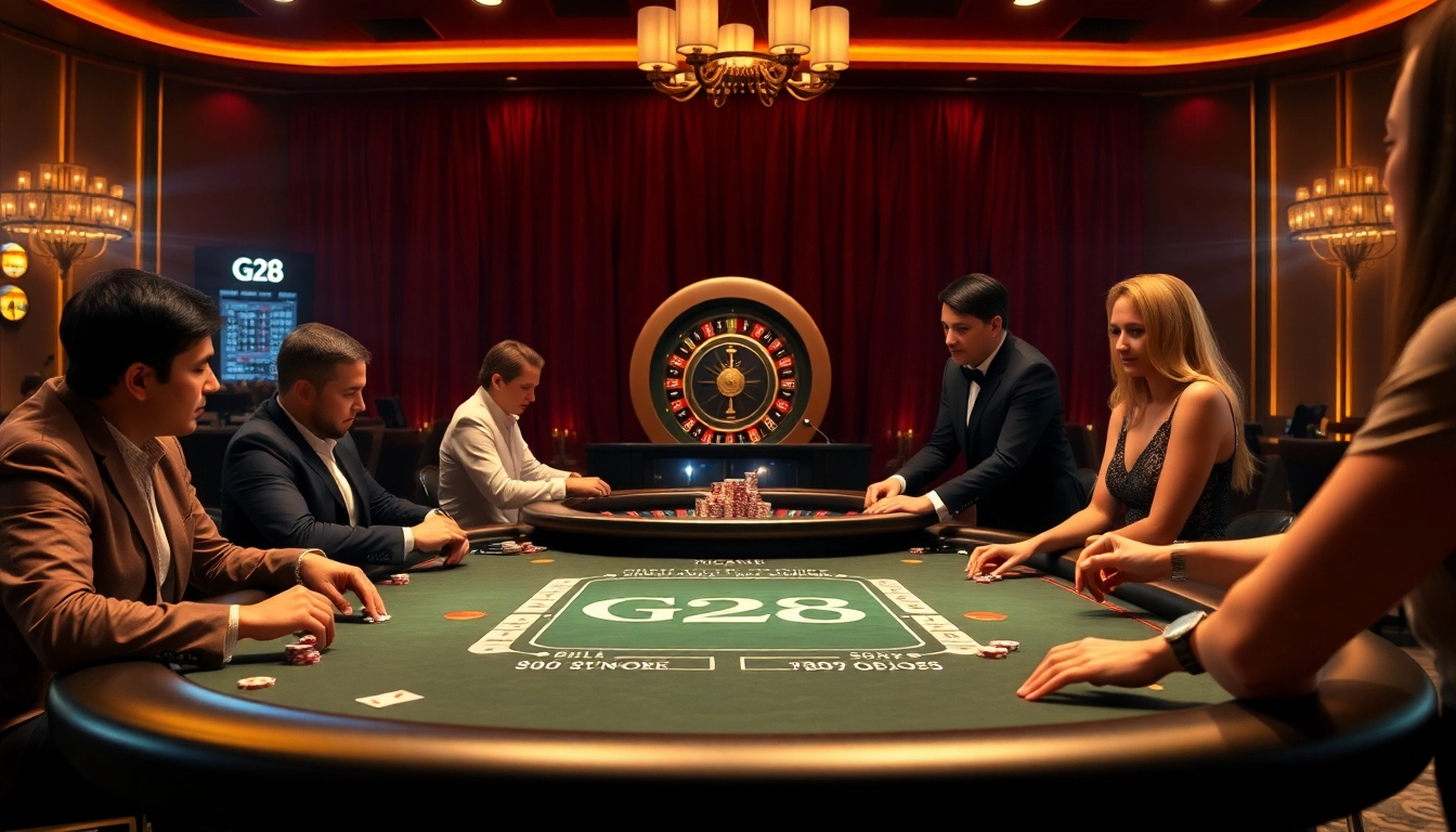 Players enjoying blackjack at the G28 casino table in a luxurious setting.