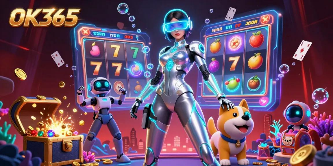 Engage with the vibrant OK365 casino world featuring a futuristic character and gambling elements.