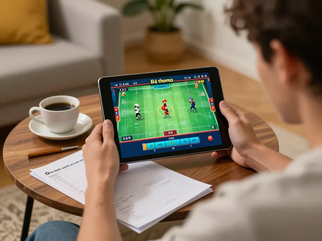 Watching Đá gà thomo live streaming on a tablet in a cozy home setting with strategy notes