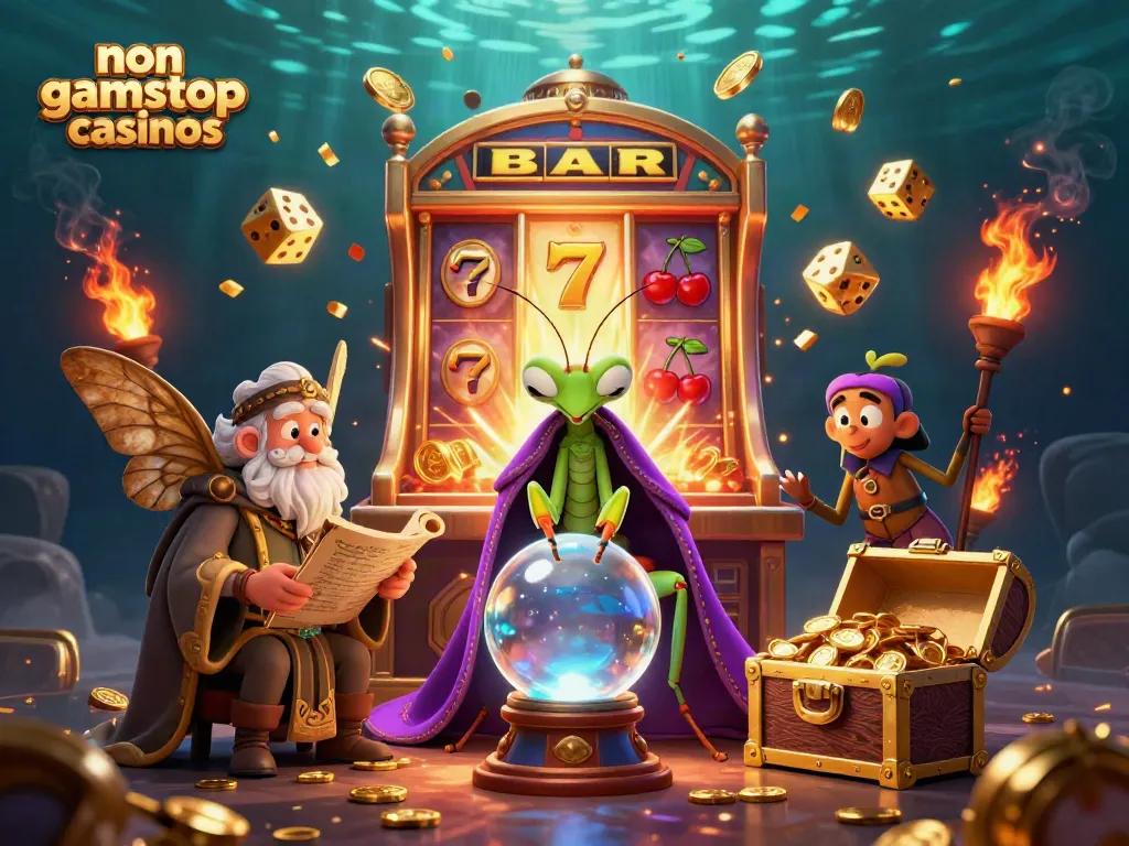 Engaging scene showcasing non gamstop casinos with fortune teller, moth librarian, and dynamic slot machine elements.
