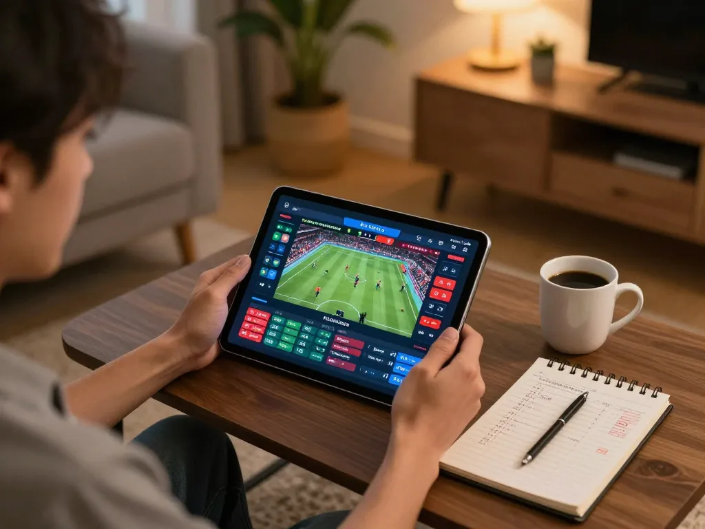 Engaged bettor analyzing kèo nhà cái on tablet in a cozy home setting