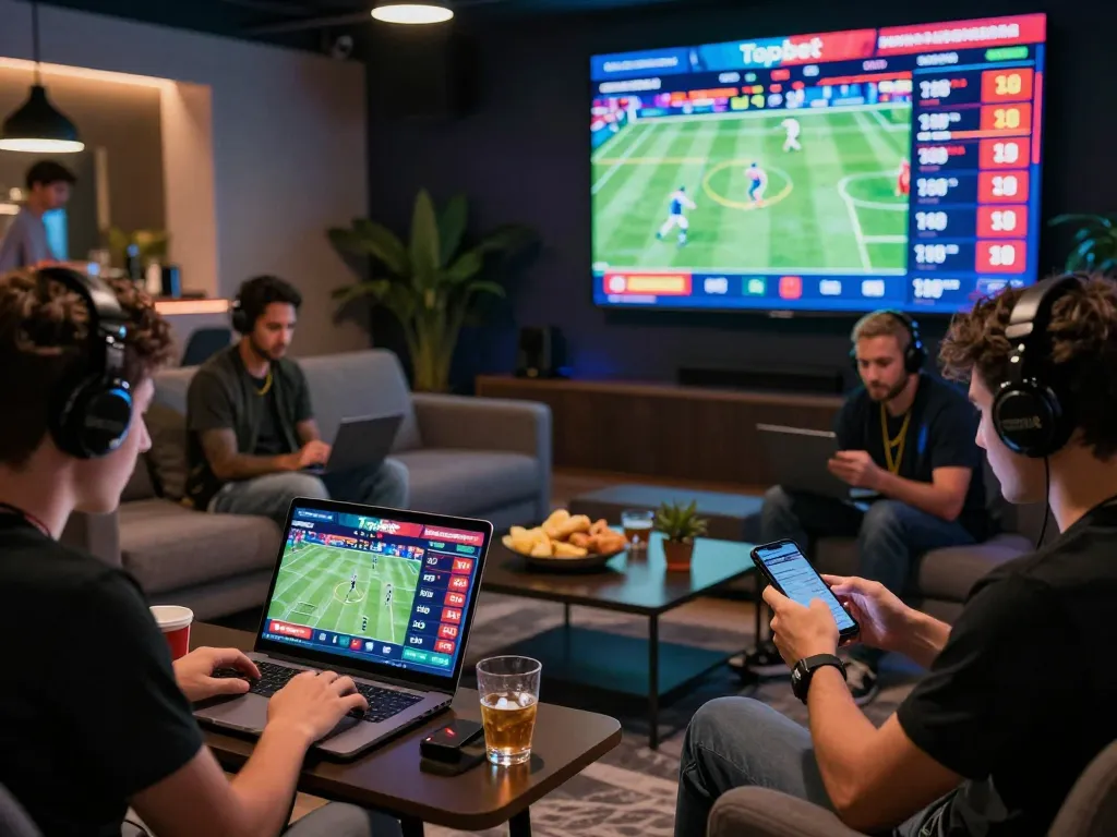 Engaged players accessing Link truy cập Topbet on devices in vibrant online betting atmosphere