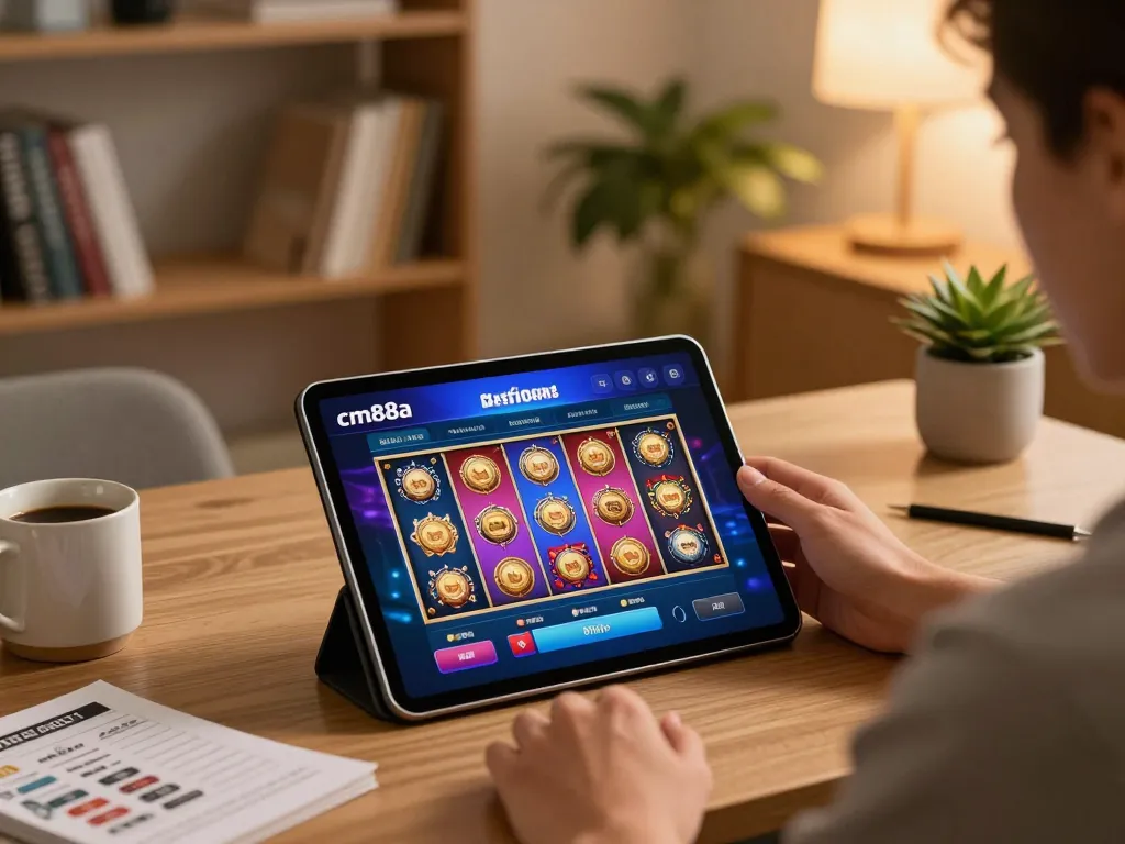 Engaged player using the cm88a mobile casino app on a tablet for strategic gameplay