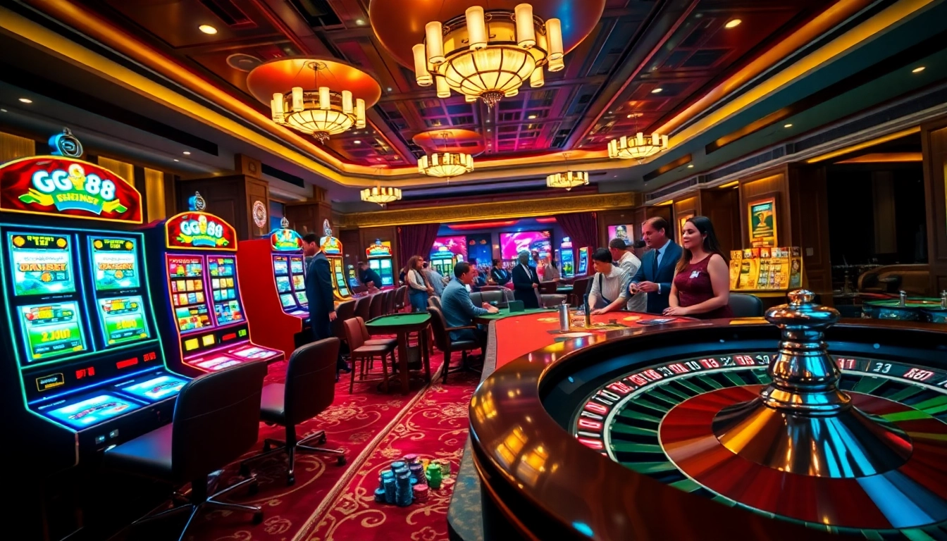 GG88 players engaging at a vibrant casino table surrounded by roulette wheels and slot machines.