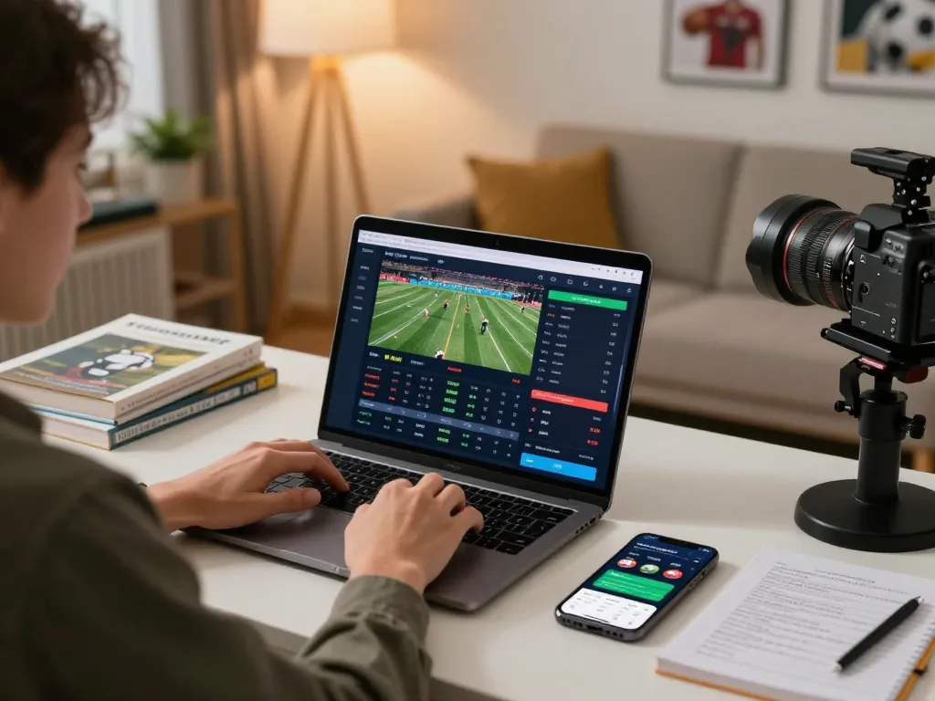 Person engaging in sports betting with FC88 on a laptop, highlighting live odds and a smartphone
