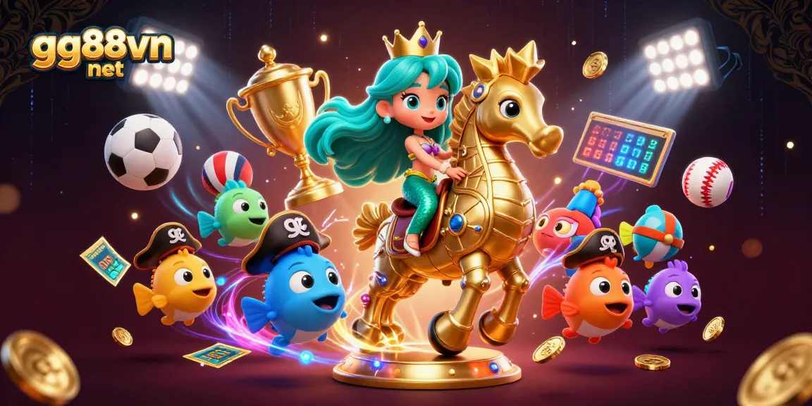 Bet on vibrant gaming experiences at gg88vn net with a lively 3D mermaid and sports elements.