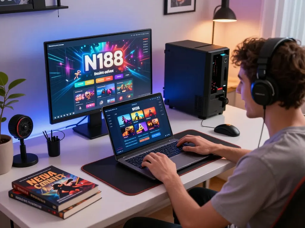N188 player engaging with online gaming interface at home desk, showcasing strategic planning.