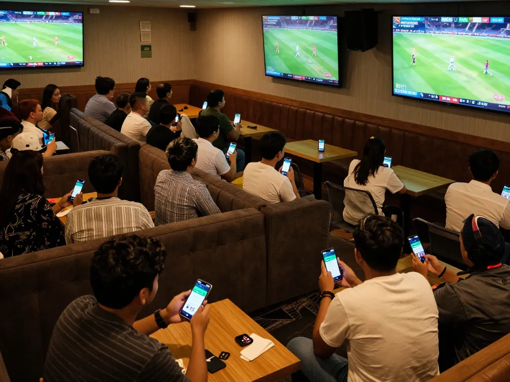 A group of sports fans actively placing bets on the Winbd.io app while enjoying a live cricket match in a lively lounge.