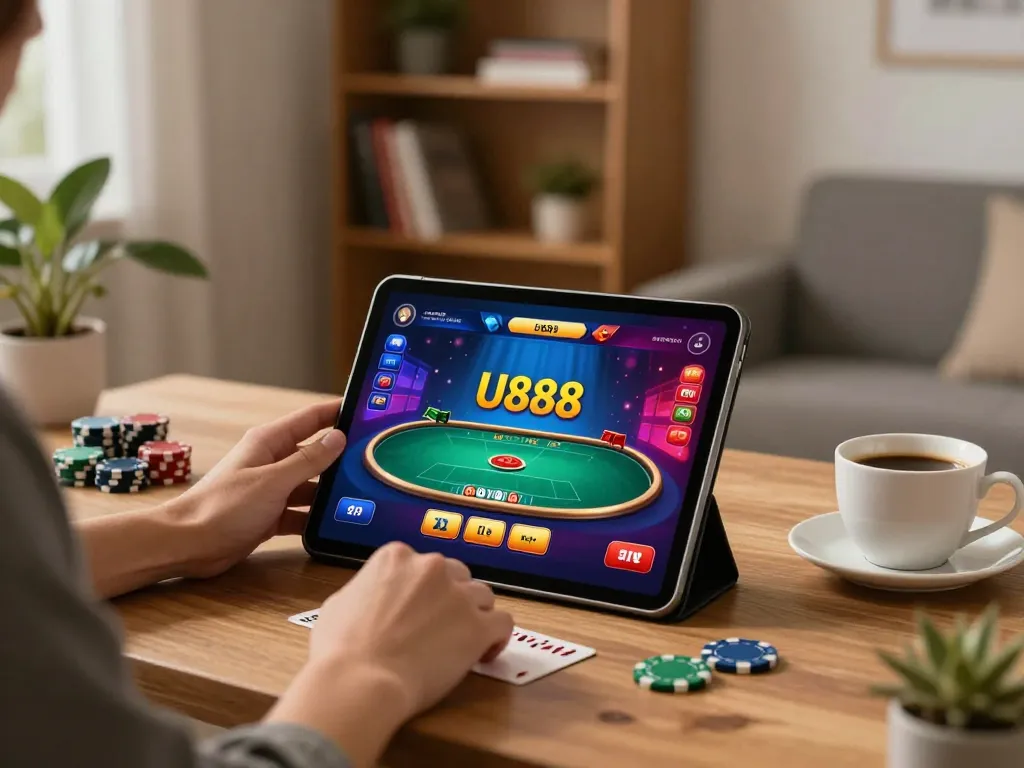 U888 player analyzing poker game strategies on tablet at cozy home office desk.