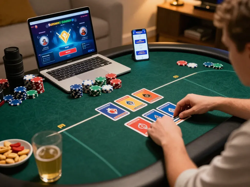 Players engaging in an intense online poker game using the sunwin1 app on a laptop and smartphone, capturing the thrilling atmosphere of home gaming.