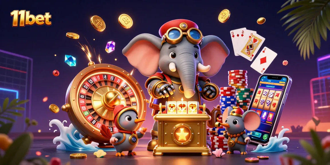 Experience the excitement of 11bet as the steampunk elephant operates a dazzling golden slot machine amidst flying coins and gems.