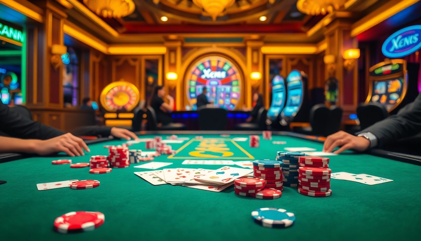 Exciting poker scene at XX88 casino table with vibrant chips and cards in play.