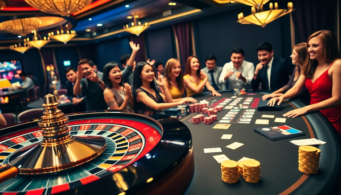 SCLUB88 players enjoying a thrilling casino experience with poker chips and cards.