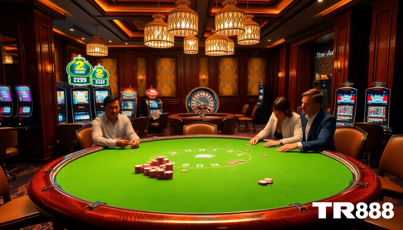 Engaging in a professional poker game at TR88 with vibrant chips and luxurious ambiance.