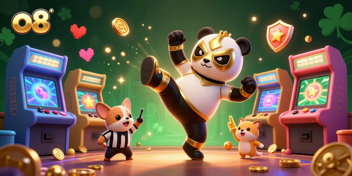Engage in thrilling gameplay with o8 as a wrestler panda flying kick in a vibrant casino scene.
