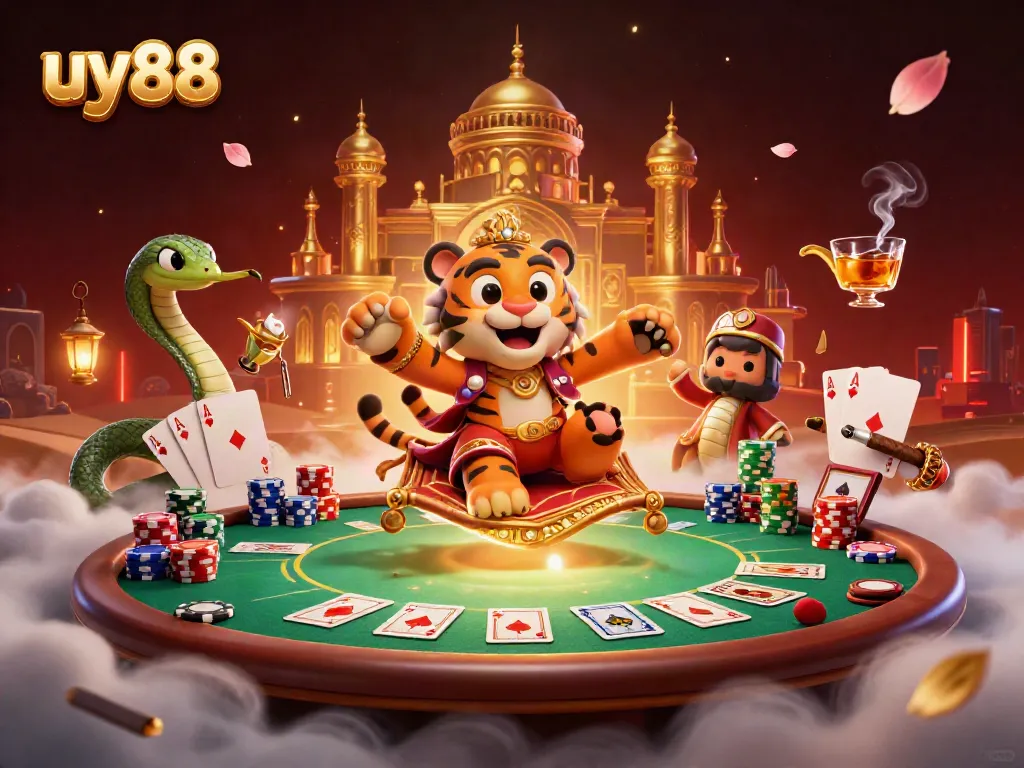 Experience exhilarating moments with uy88 and a whimsical 3D illustration of a tiger sultan amidst casino elements.