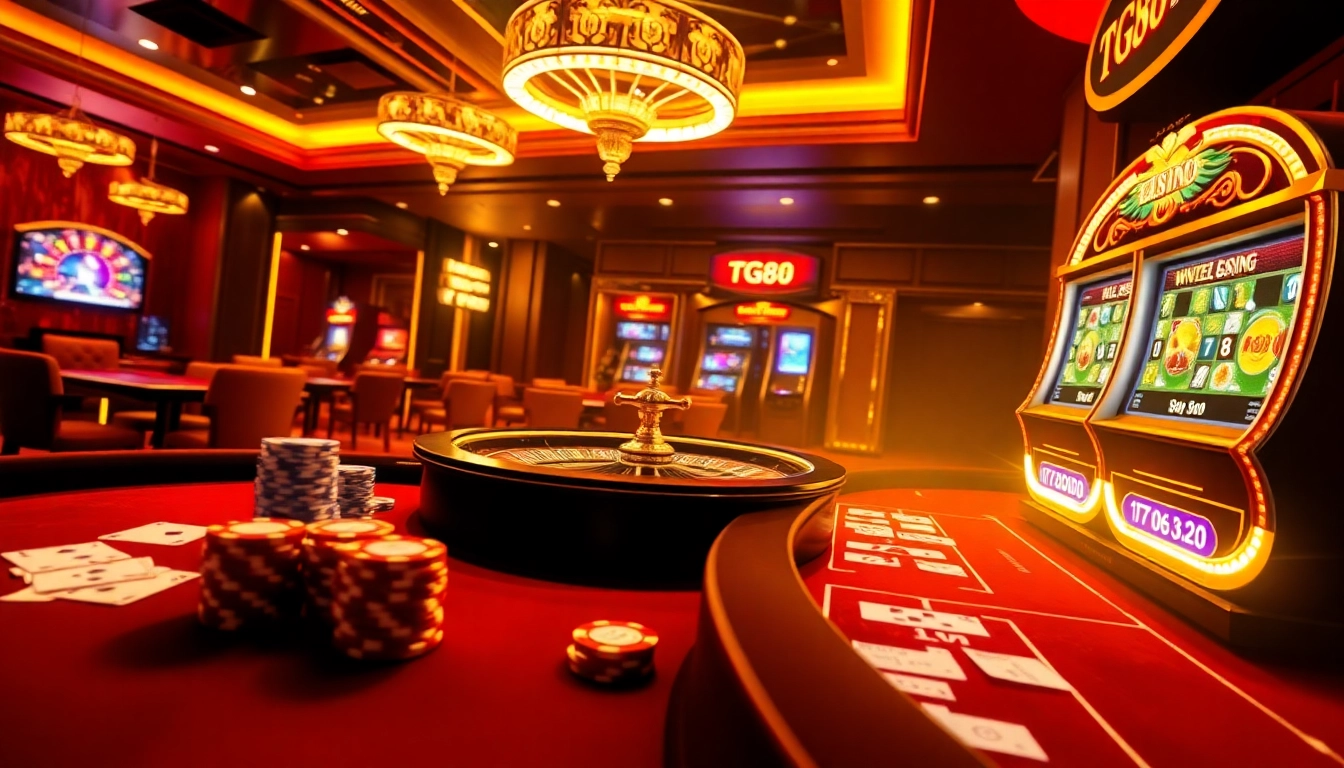 TG88 online gambling scene showcasing an animated casino table, vibrant poker chips, and a roulette wheel.
