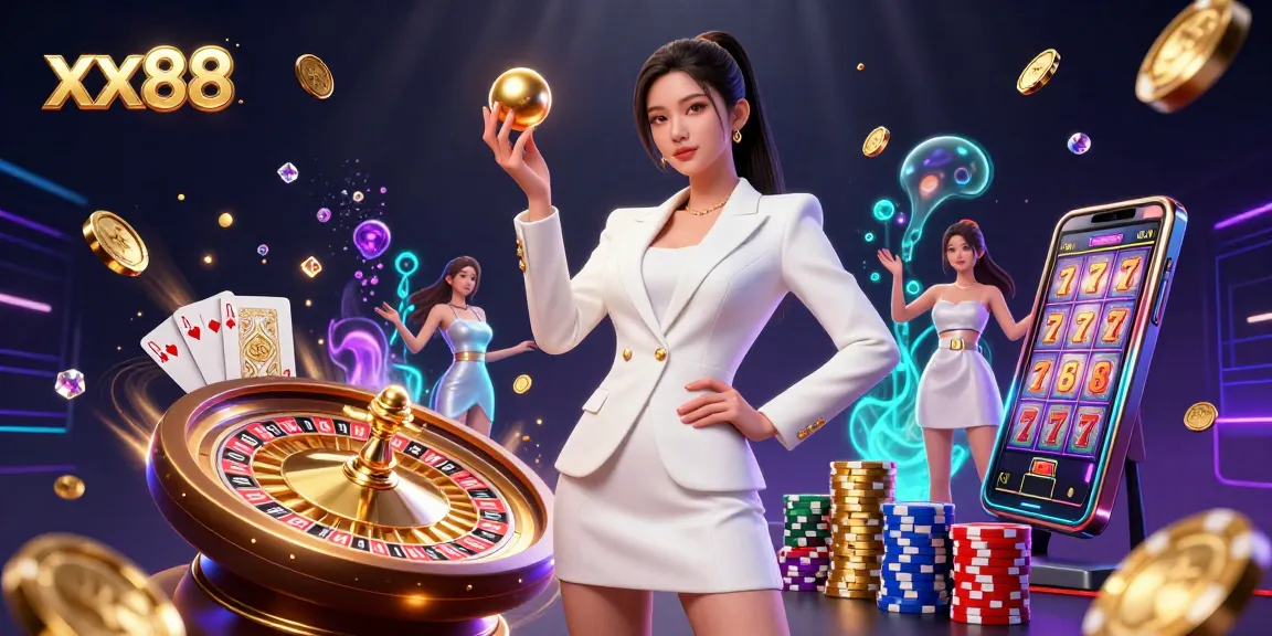 Play exciting games at xx88, featuring a stunning woman showcasing luxury casino elements with golden coins and vibrant poker chips.