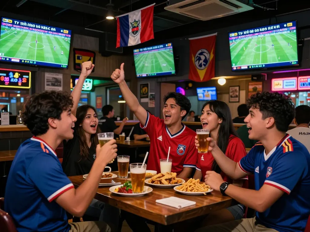 Dynamic sports bar scene featuring fans analyzing tỷ lệ kèo nhà cái during live matches.