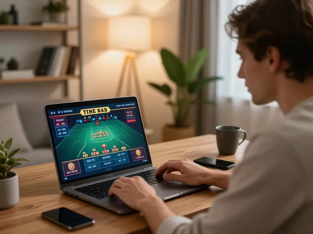 Engaging player enjoying a live dealer game on FB88 from home office.