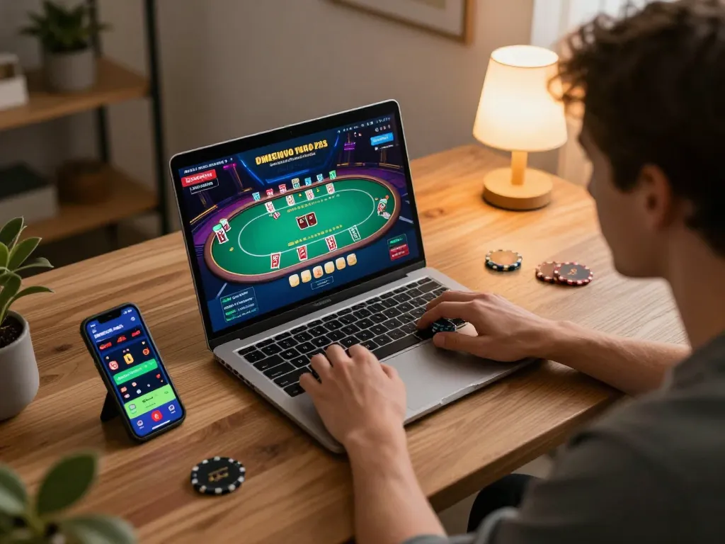 Engaged player enjoying online poker at bl555, showcasing excitement in a cozy gaming setup