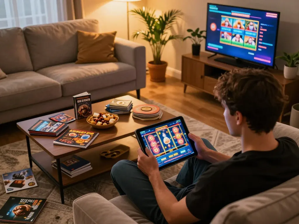 Player enjoying gaming on their tablet at home, optimizing strategies with 58wiin online casino