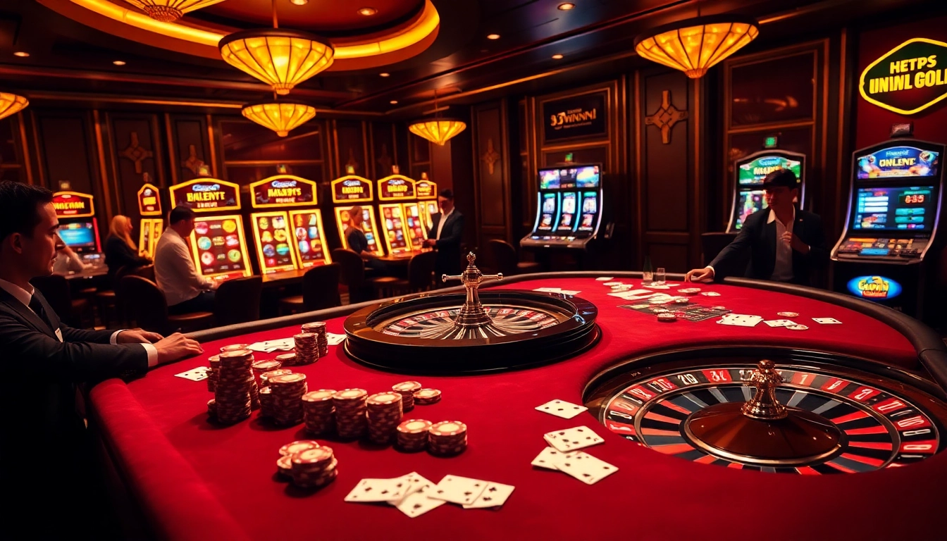 Experience thrilling gameplay at https://33winn.gold/ with vibrant casino scenes filled with poker chips and roulette wheels.