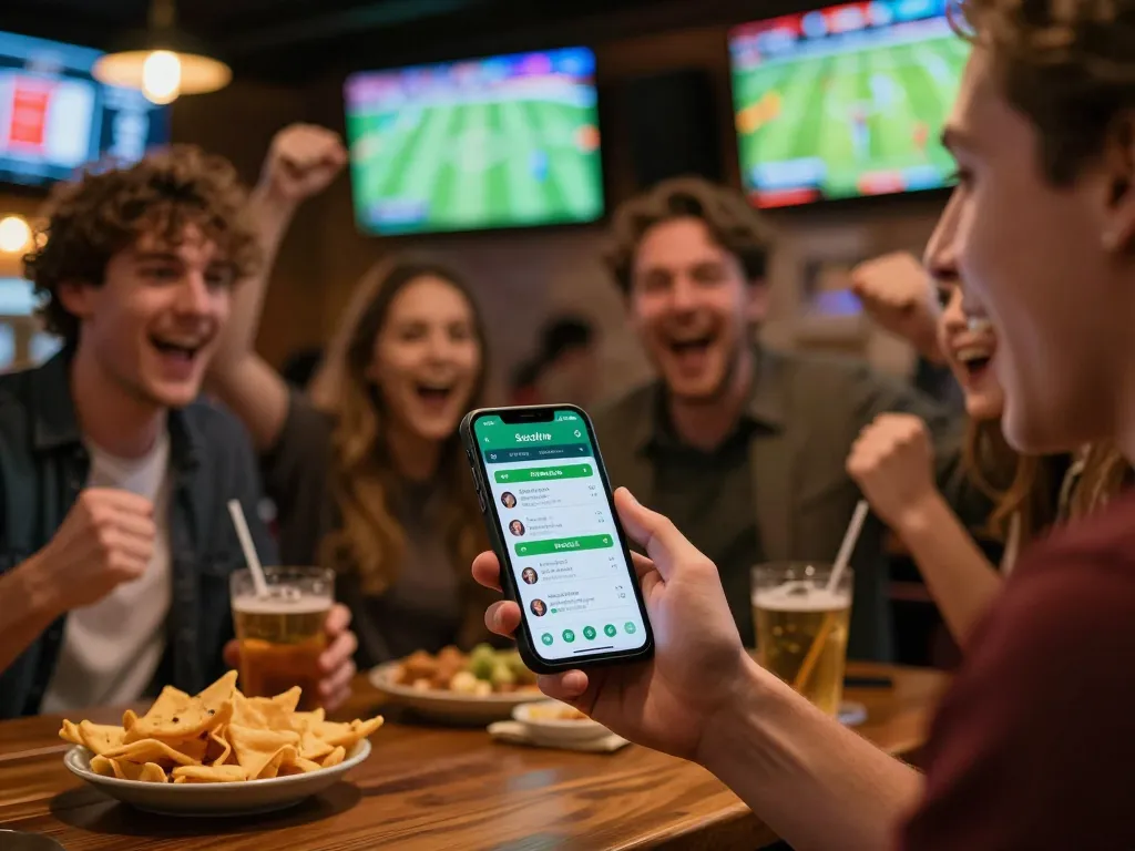 Socolive sports betting excitement captured in a lively sports bar with friends cheering.