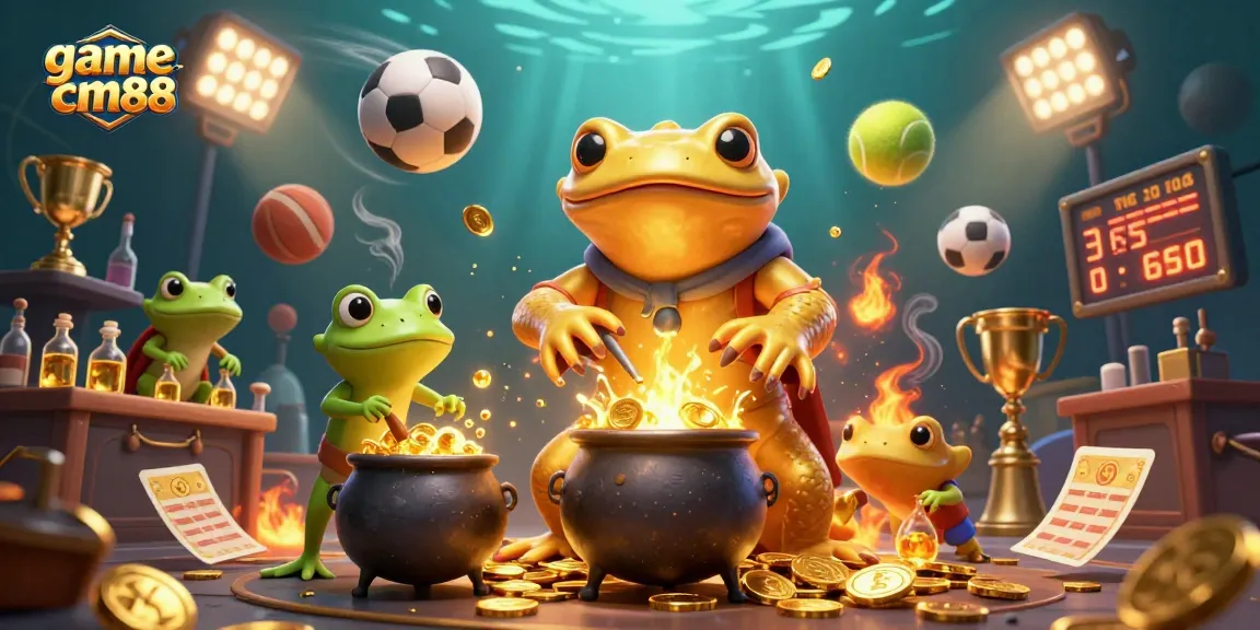 Experience the thrill of game cm88 with a dynamic 3D illustration showcasing alchemists and vibrant sports elements.