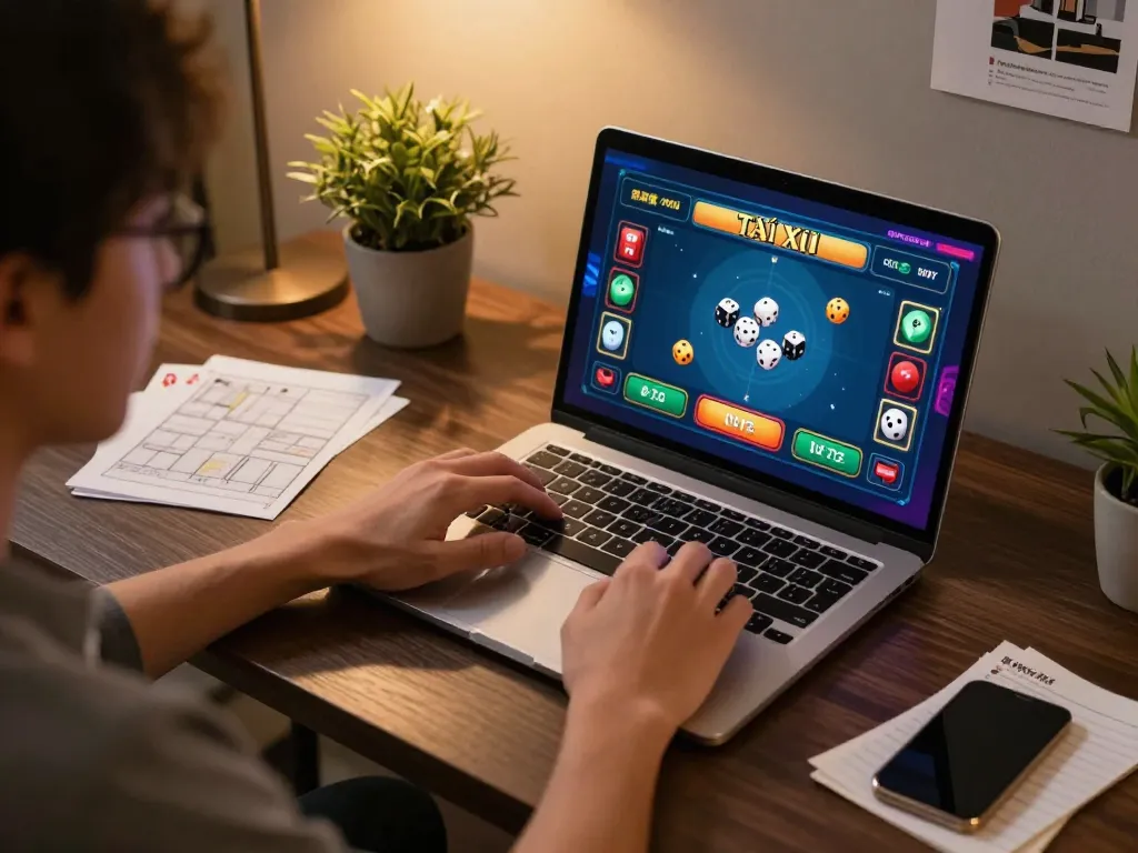 Player engaged in Tài Xỉu gameplay at home using a laptop, showcasing online gambling activity at taixiuonline8