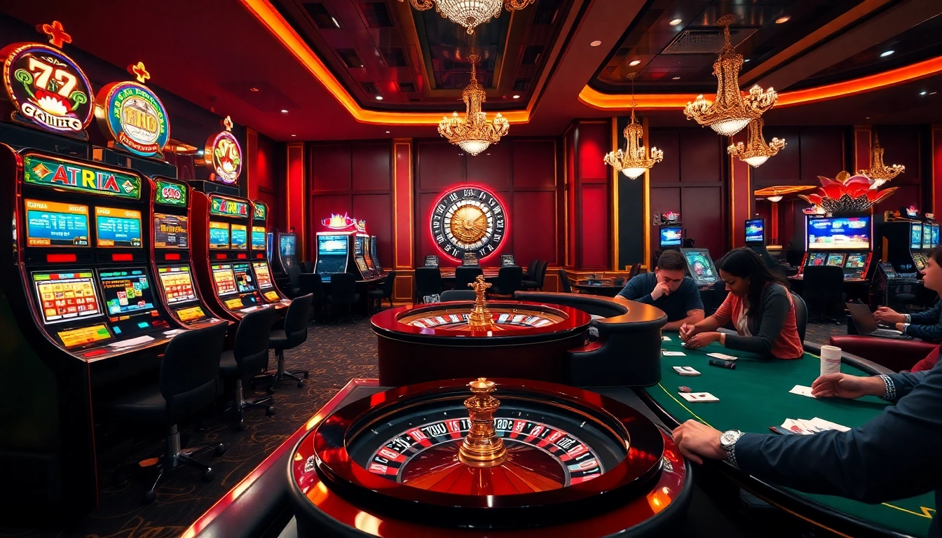 Engaging at 79KING casino surrounded by vibrant slot machines and a roulette wheel.