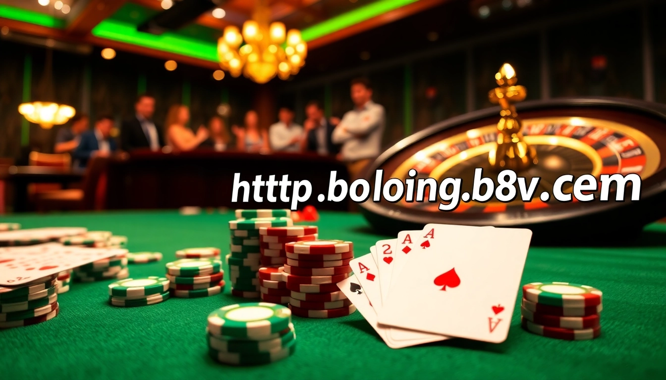 Experience the thrill of online gaming at http://bong88.review/ with vibrant casino visuals, poker chips, and a spinning roulette wheel.