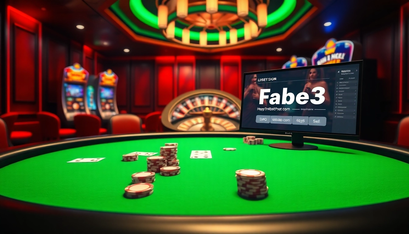 Gambling excitement at https://fabet3.com/, showcasing a luxurious poker table and vibrant slot machines.
