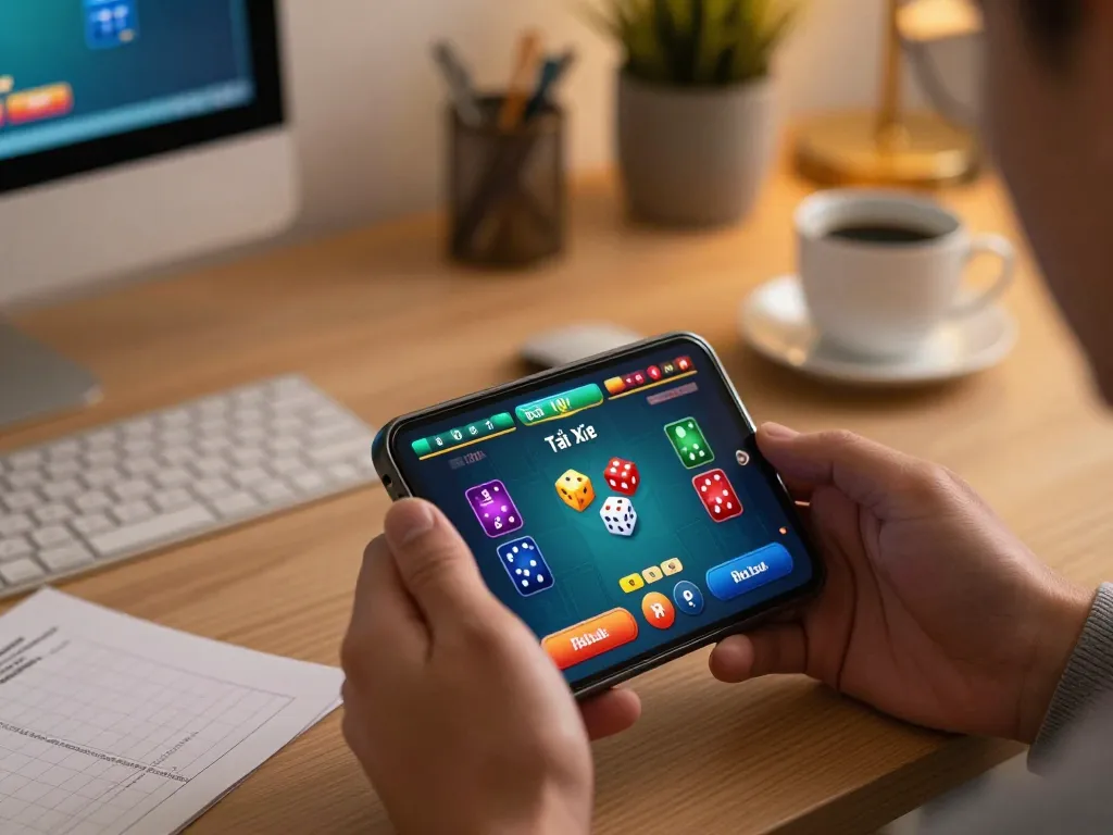Players actively bet on Tài Xỉu using a smartphone in a cozy home setting, showcasing online gambling excitement.