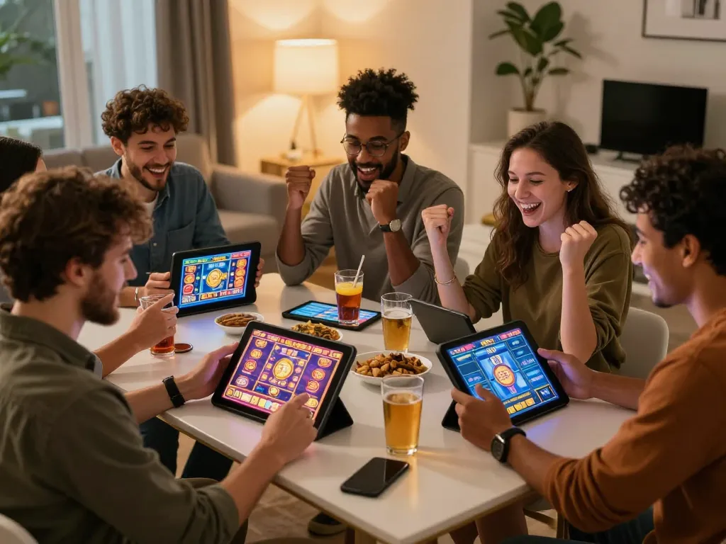 Excited friends enjoying online gaming experience at 45 X in a cozy living room.