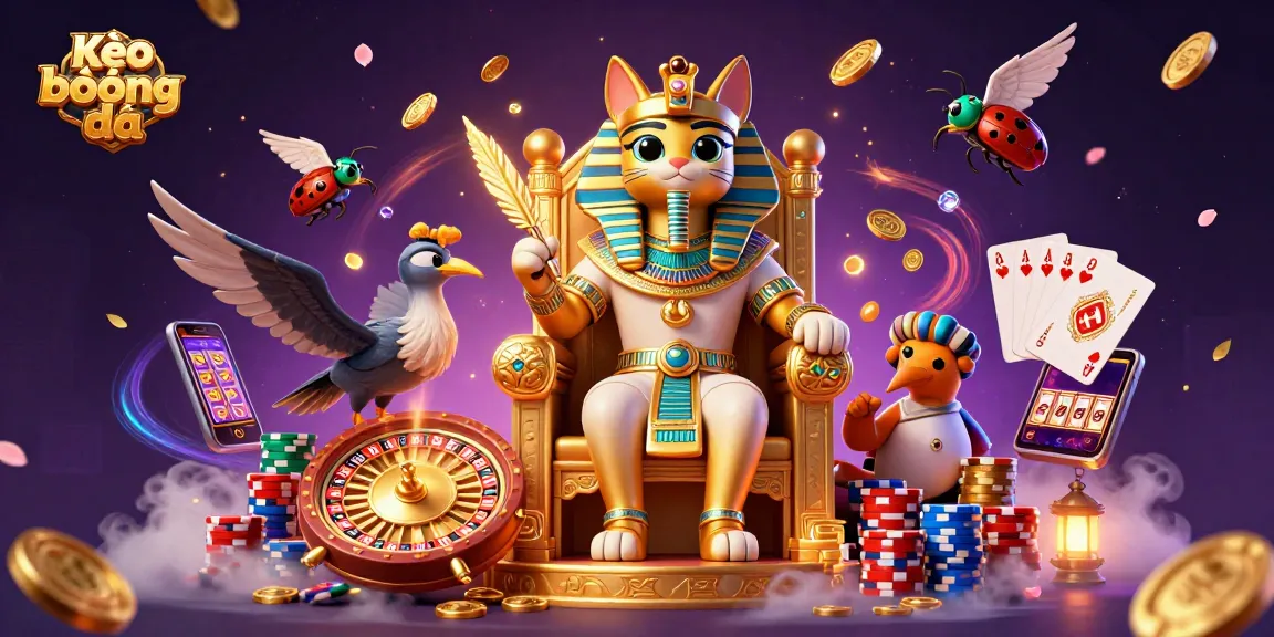 Kèo bóng đá scene showcasing an Egyptian cat pharaoh surrounded by golden coins and a roulette wheel.