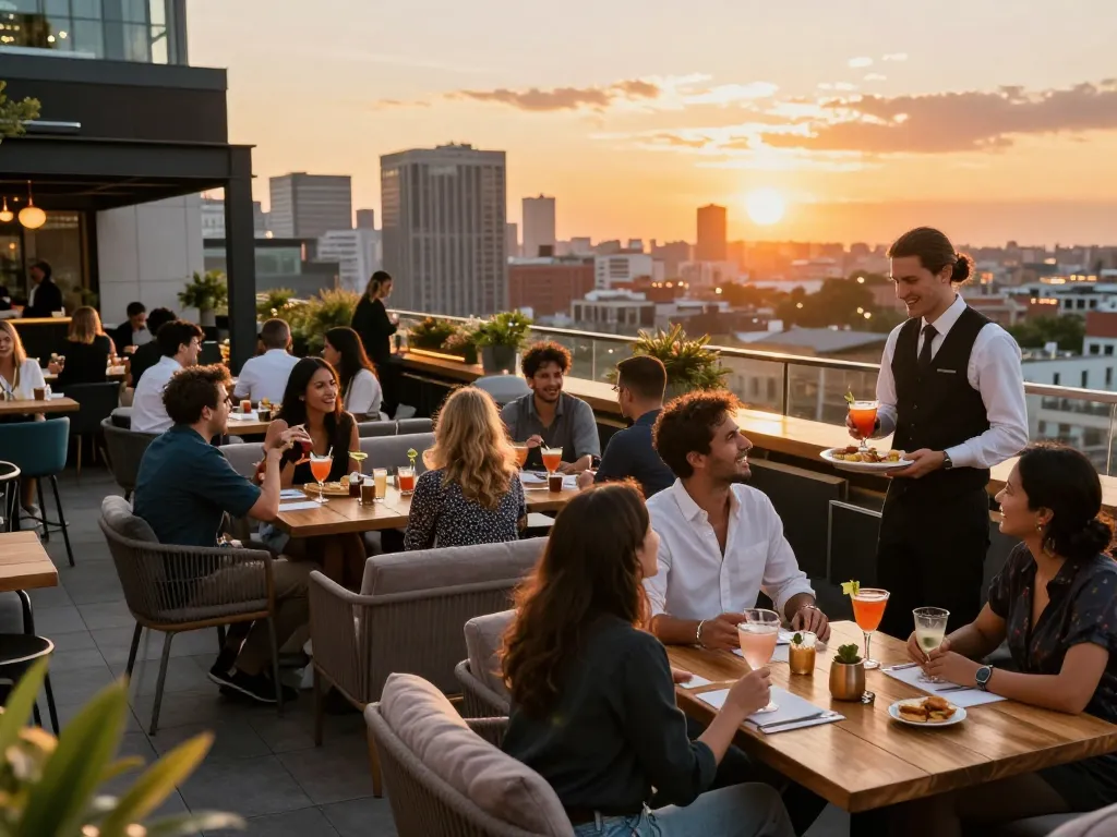 Nohu rooftop bar scene with patrons enjoying cocktails and city views at sunset