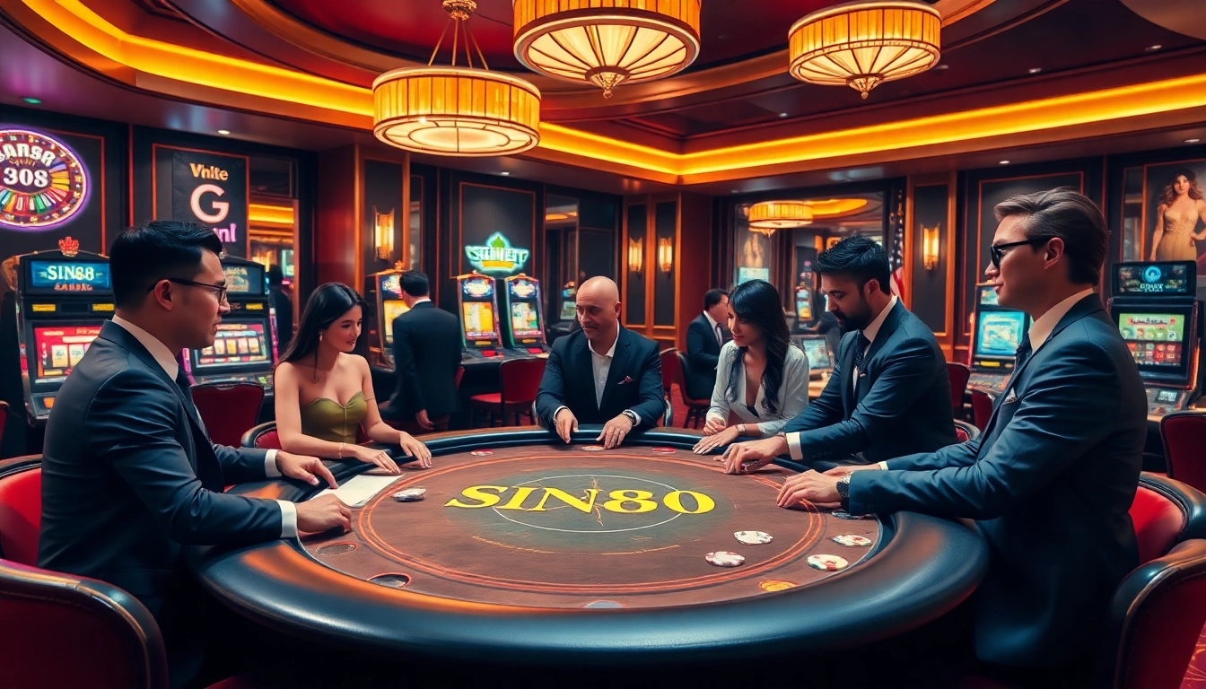 Gamblers engaged at the SIN88-themed poker table in a luxurious casino setting.