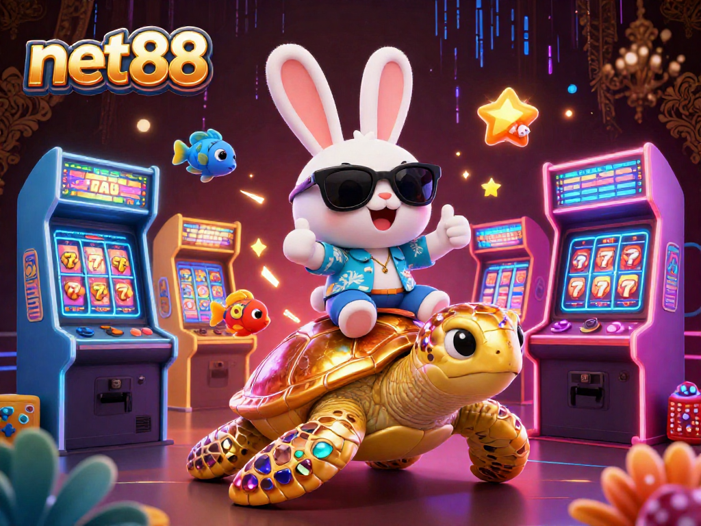 Experience net88 magic with a playful rabbit and golden turtle amidst casino excitement.
