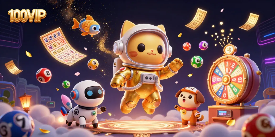 Join 100VIP as a space explorer winning on lottery games with vibrant elements.