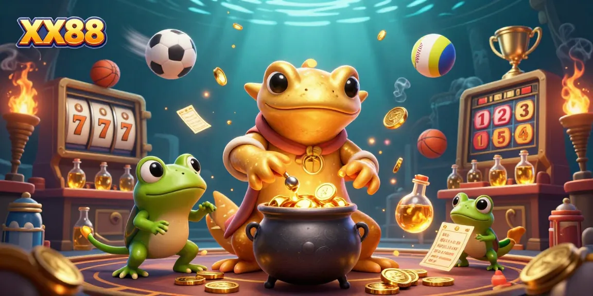 Experience the excitement of XX88 with a vibrant 3D casino scene filled with gold elements and sports symbols.