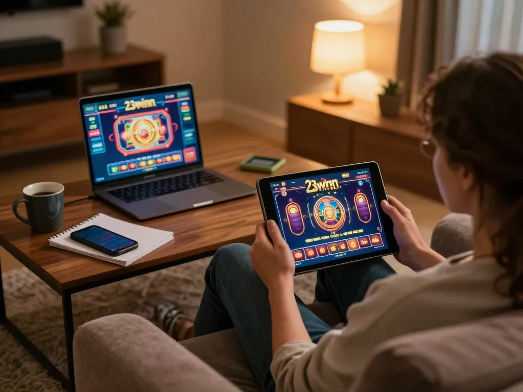 Player enjoying online gaming on 23winn tablet in a cozy living room setting with warm lighting.