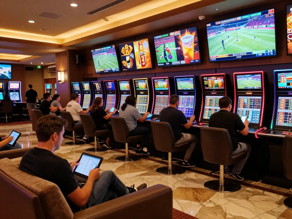 Sunwins sports bettors engaging with live events in a vibrant casino lounge atmosphere.