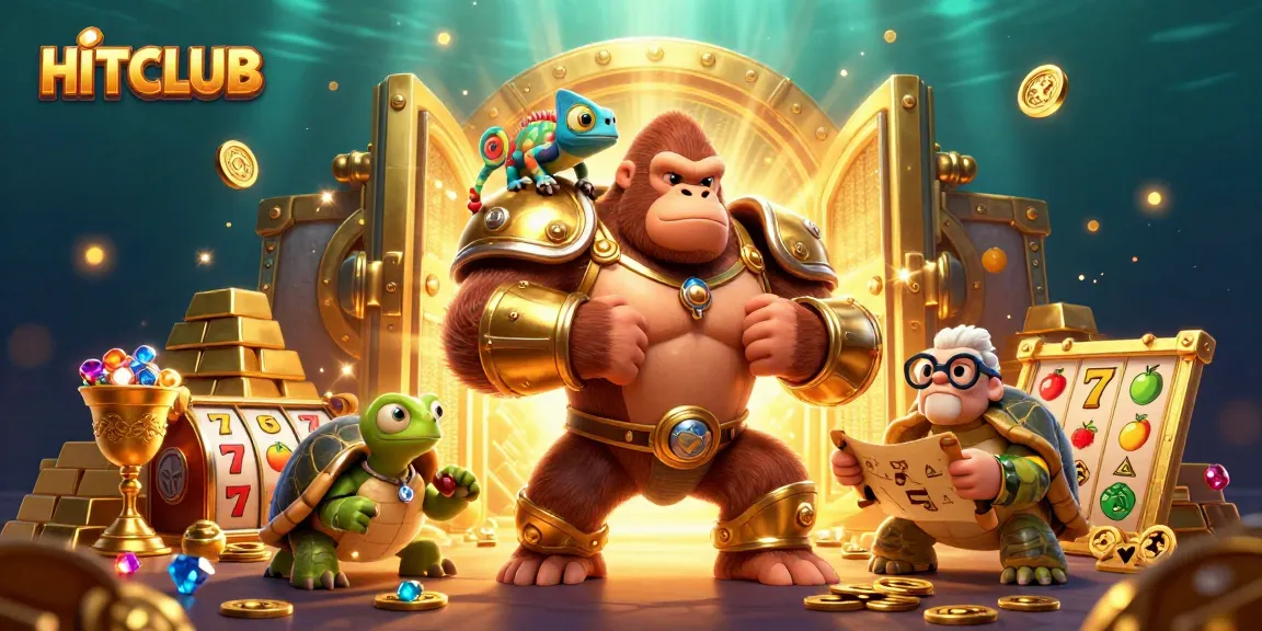 HITCLUB showcases a majestic gorilla king surrounded by vibrant casino elements and treasures.
