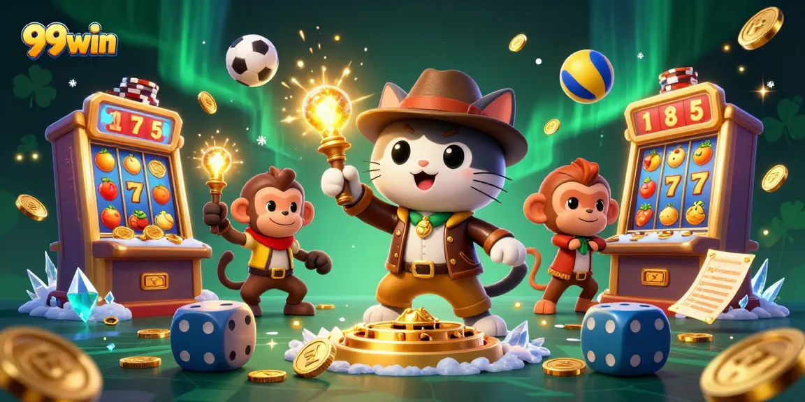 Win big with 99win as the adventurous cat finds treasures in a vibrant casino.