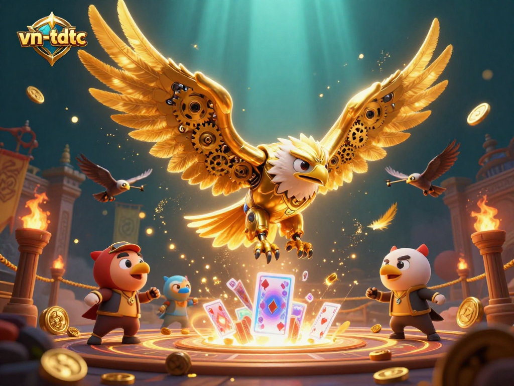 Experience thrilling gameplay at vn-tdtc with a cybernetic golden eagle amidst glowing casino elements.