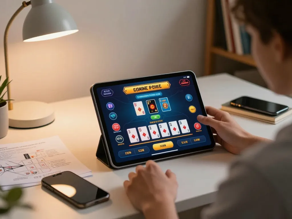 LV88 user engaging in interactive online gaming, showcasing a cozy home environment with strategy notes and tablet.