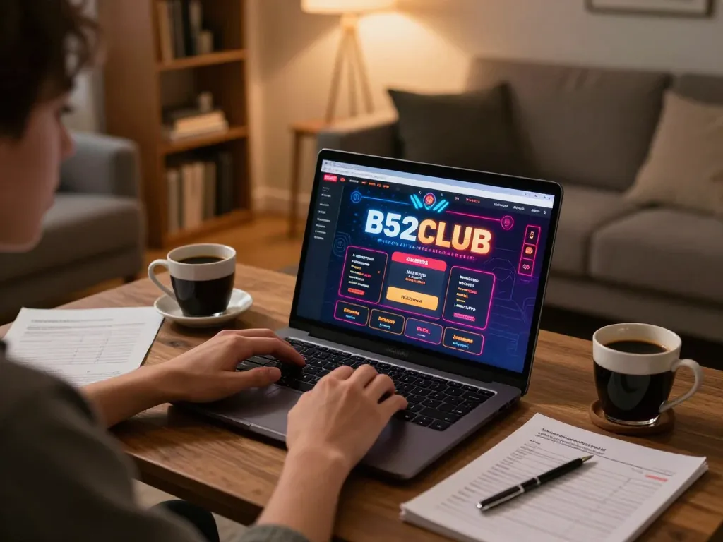 B52Club player using laptop for online casino gaming in a cozy home setting.