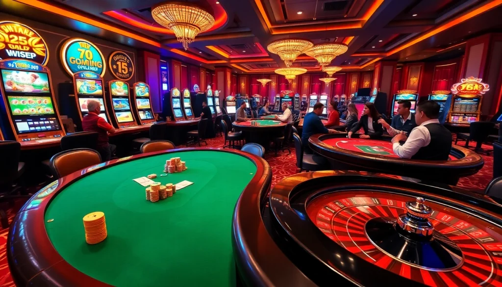 Excited players enjoying games at 789club casino with vibrant tables and slot machines